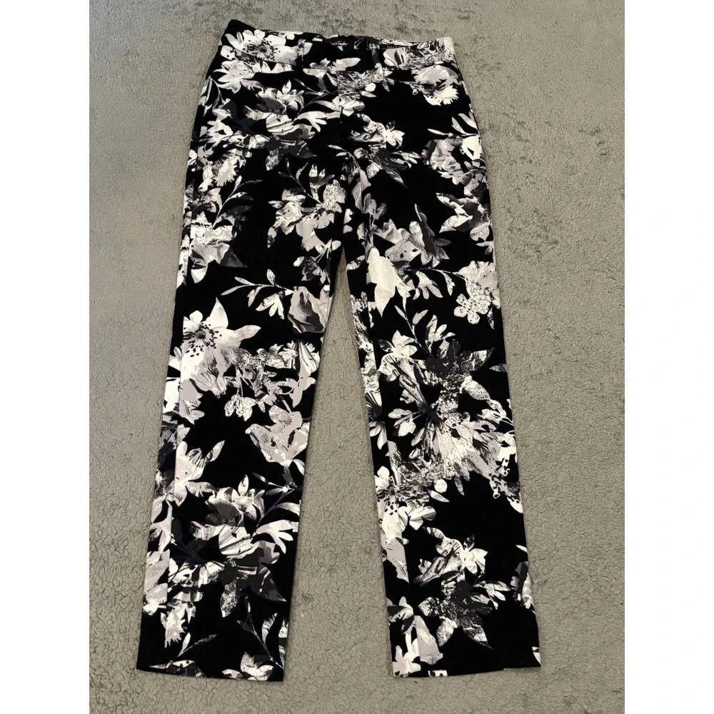 Lord & Taylor Kelly Ankle Pants Womens 0 Black White Floral Stretch Cotton Slim